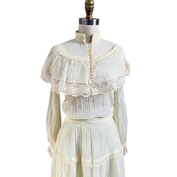 VTG 1970s Ivory Gauze Lace Blouse + Skirt Set Gunne Sax Style Romantic Sz M 11 - Picture 2 of 6